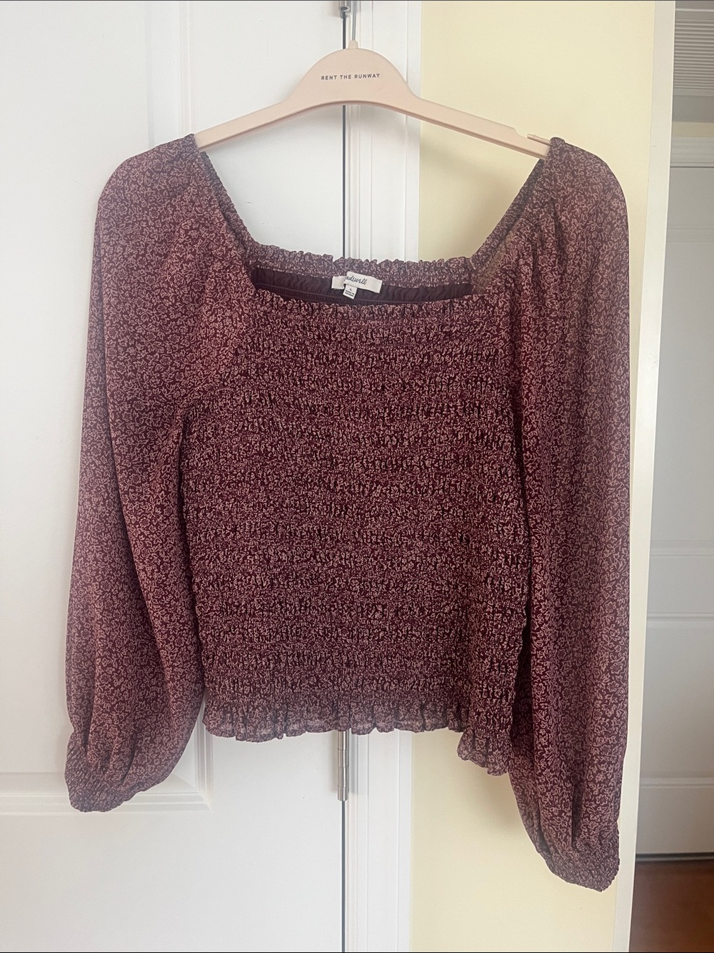 Madewell Burgundy Floral Smocked Square-Neck Blouse size large